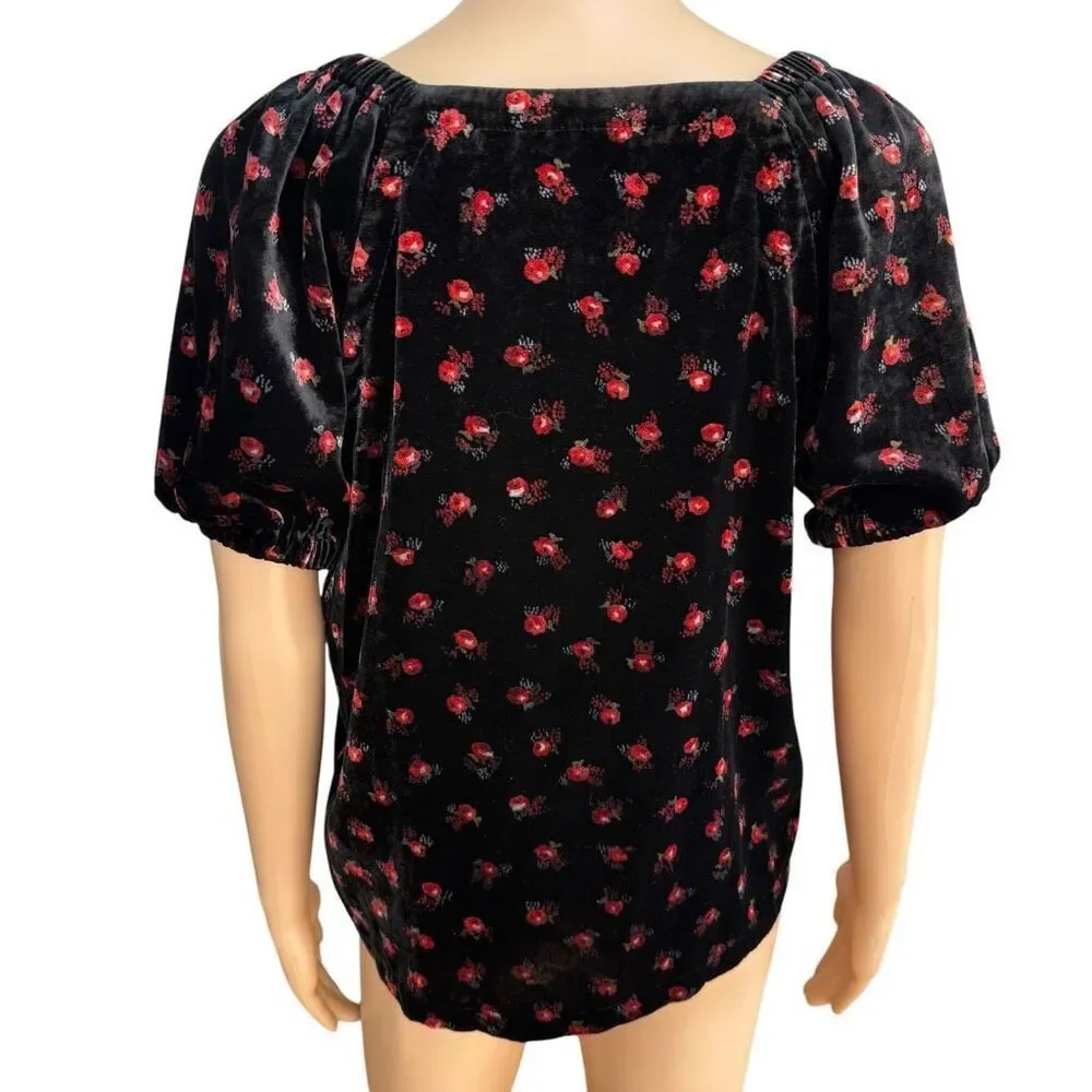 Loft Women’s Floral Velvet Puff Sleeve Top blouse red/black size MP